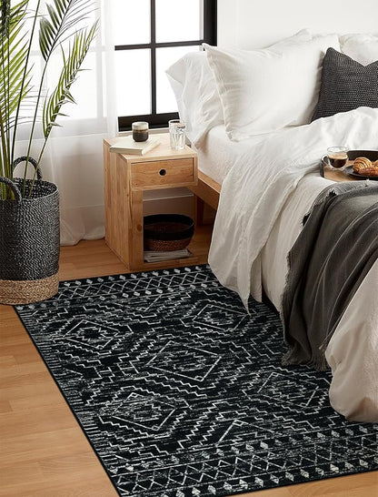 Wonnitar Moroccan 3x5 Rug, Black Washable Small Rug for Bedroom, Non-Slip Geometric Tribal Entry Throw Mat, Boho Farmhouse Rustic Soft Low Pile Area Rug for Bathroom Dining Guest Room (Black,3'x5')