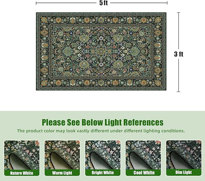 Dark Green Rug 3x5 Area Rug with Non-Slip Backing, Washable Rugs for Bedroom Living Room Kitchen, Distressed Carpet Printed Low-Pile Soft Dorm Rug Room Decor
