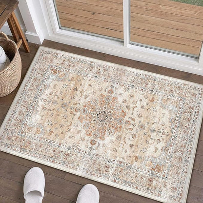 HUGEAR Entryway Machine Washable Area Rugs 2x3 Vintage Orange Small Neutral Style Non Slip Stain Resistant Low Pile Throw Carpet for Hallway Kitchen Retro Aesthetic Modern Decor