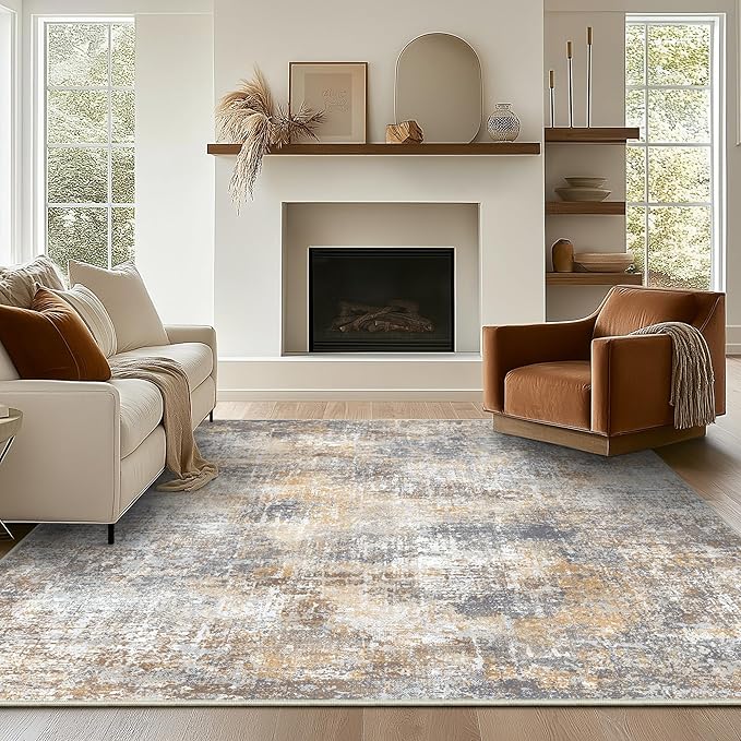 Bavni 9x12 Area Rugs Machine Washable Rug for Living Room, Modern Printed Rug Indoor Soft Area Rug for Bedroom Dining Room, Ultra-Thin Low Pile Carpet with Non Slip Rubber Backing, Ocher Gray