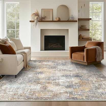 Bavni 9x12 Area Rugs Machine Washable Rug for Living Room, Modern Printed Rug Indoor Soft Area Rug for Bedroom Dining Room, Ultra-Thin Low Pile Carpet with Non Slip Rubber Backing, Ocher Gray