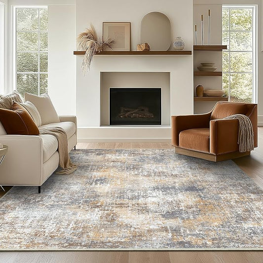 Bavni 9x12 Area Rugs Machine Washable Rug for Living Room, Modern Printed Rug Indoor Soft Area Rug for Bedroom Dining Room, Ultra-Thin Low Pile Carpet with Non Slip Rubber Backing, Ocher Gray