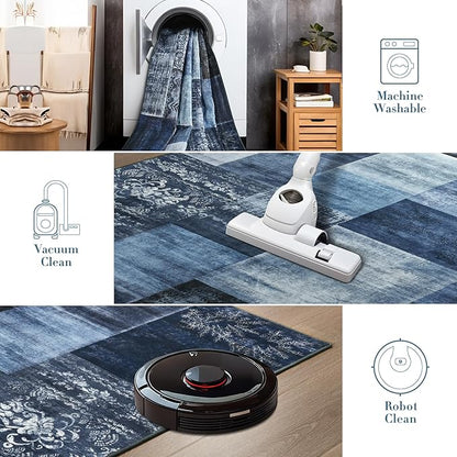 Tepook Modern Area Rug for Living Room, 8x10 Geometric Large Rugs for Bedroom, Washable Patchwork Rug Indoor Non-Slip Throw Carpets for Dining Room Office Farmhouse Home Decor, Blue