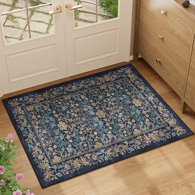 DUKINO 2x3 Entryway Rug, Floral Washable Area Rug with Non Slip Indoor Door Mat, Vintage Low Pile Small Front Door Throw Carpet for Kitchen, Entrance, Bathroom, Bedroom, Dark Blue