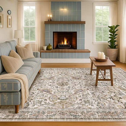 Moss 5x7 Living Room Area Rug, Vintage Washable Rug for Bedroom, Kitchen Table, Home Office, Oriental Brown Botanical Design, Low Pile Soft Carpet with Bird Pattern
