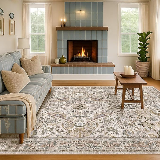 Moss 5x7 Living Room Area Rug, Vintage Washable Rug for Bedroom, Kitchen Table, Home Office, Oriental Brown Botanical Design, Low Pile Soft Carpet with Bird Pattern