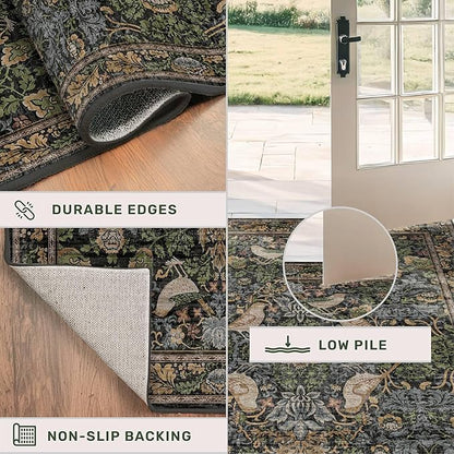 Vintage Runner Rugs for Hallways - 2'6"x10' Wide Kitchen Runners, 10 ft Long Entryway Rug, Botanical Pattern with Flowers and Leaves, Washable Non Slip Low Pile