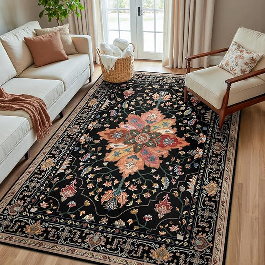 Area Rugs 5'x8' Washable Non-Slip, Floral Vintage Distress Print Pattern Medallion Carpet for Living Room Bedroom Dining Room, Black Colorful Floral Dark Tan