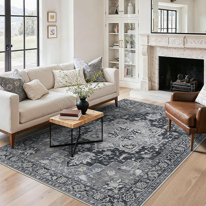 5x7 Area Rugs for Living Room, Machine Washable Rug, Non Slip Vintage Rugs, Low Pile Lightweight Print Rug for Bedroom, Dining Room, Home Office, Dark Gray