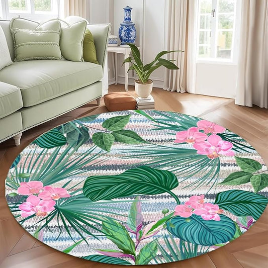 Indoor Outdoor Round Rug 6ft - Blue White Tropical Botanical Pattern, Non-Slip Patio Carpet, Easy-Clean Non-Shedding Rug for Living Room, Kitchen, Garden, Indoor Shower Mat
