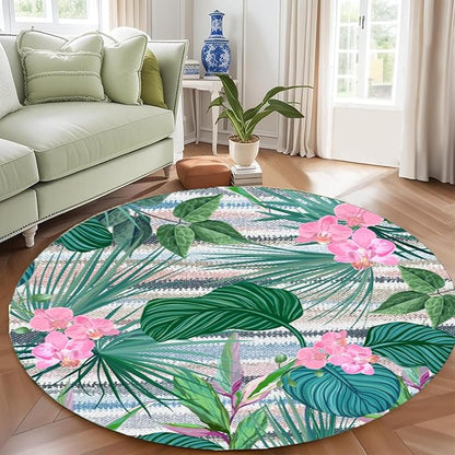 Indoor Outdoor Round Rug 3ft - Blue White Tropical Botanical Pattern, Non-Slip Patio Carpet, Easy-Clean Non-Shedding Rug for Living Room, Kitchen, Garden, Indoor Shower Mat