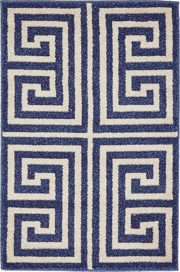 Unique Loom Athens Collection Classic Geometric Modern Border Design Area Rug (2' 0 x 3' 0 Rectangular, Navy Blue/ Beige)