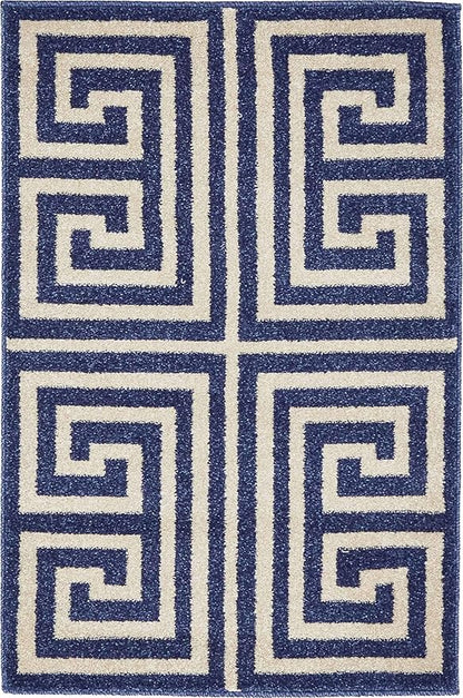 Unique Loom Athens Collection Classic Geometric Modern Border Design Area Rug (2' 0 x 3' 0 Rectangular, Navy Blue/ Beige)