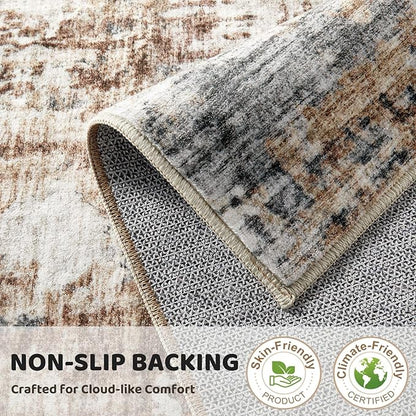 4ft Round Area Rug Living Room Rugs - 4x4 Washable Large Soft Indoor Neutral Modern Abstract Low Pile Rug Carpet for Bedroom Dining Room Farmhouse Home Office - Grey Brown