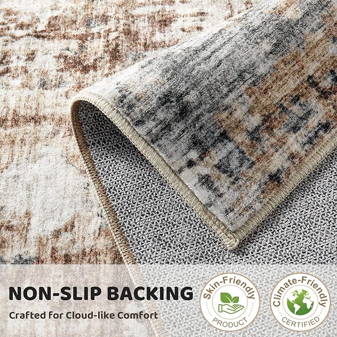 2x3 Entryway Area Rug: Washable Neutral Modern Abstract Small Rug - Non-Slip Low Pile Throw Indoor Carpet for Entrance Kitchen Front Door Mat Bathroom Entry Kids Room - Grey Brown