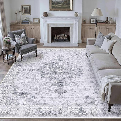HUGEAR Washable 6x9 Area Rugs Retro Grey Living Room Bedroom Rug Vintage Distressed Non Slip Stain Resistant Low Pile Neutral Throw Carpet for Home Decor