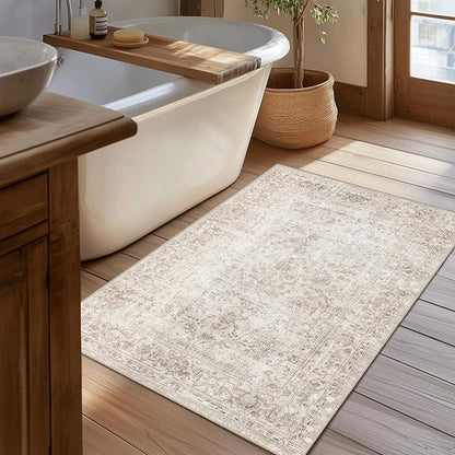 FMFUNCTEX Entryway Rug 2x3 Washable Beige Vintage Distressed Door Mat Non Slip Low Pile Indoor Carpet Soft Retro Floral Small Throw Area Rugs for Entry Way Entrance Bedroom Kitchen Bathroom Laundry