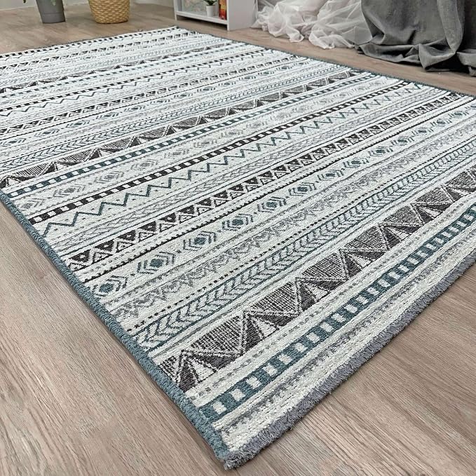Alfa Rich 4x6 Blue Gray White Washable Area Rugs for Living Room Bedroom Kitchen Cotton Decor Rug