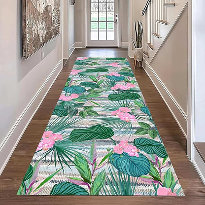 Tropical Runner Rug 3.3x10 ft - Floral & Leaf Print, Pink Flowers & Greenery - Non-Slip Easy Clean - Hallway, Living Room, Bedroom - Bohemian Watercolor Style