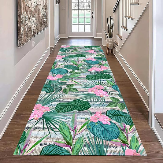 Tropical Runner Rug 2x8 ft - Floral & Leaf Print, Pink Flowers & Greenery - Non-Slip Easy Clean - Hallway, Living Room, Bedroom - Bohemian Watercolor Style