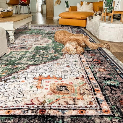 Area Rug 6x9 for Living Room Green Boho Rug Non-Slip Washable Vintage Low Pile Large Rug for Bedroom Dining Room