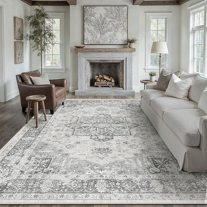 Gray 6x9 Area Rug Washable Vintage Living Room Carpet Non Slip Retro Distressed Low Pile Soft Oriental Medallion Thin Large Grey Throw Rug for Office Bedroom Dining Room Playroom