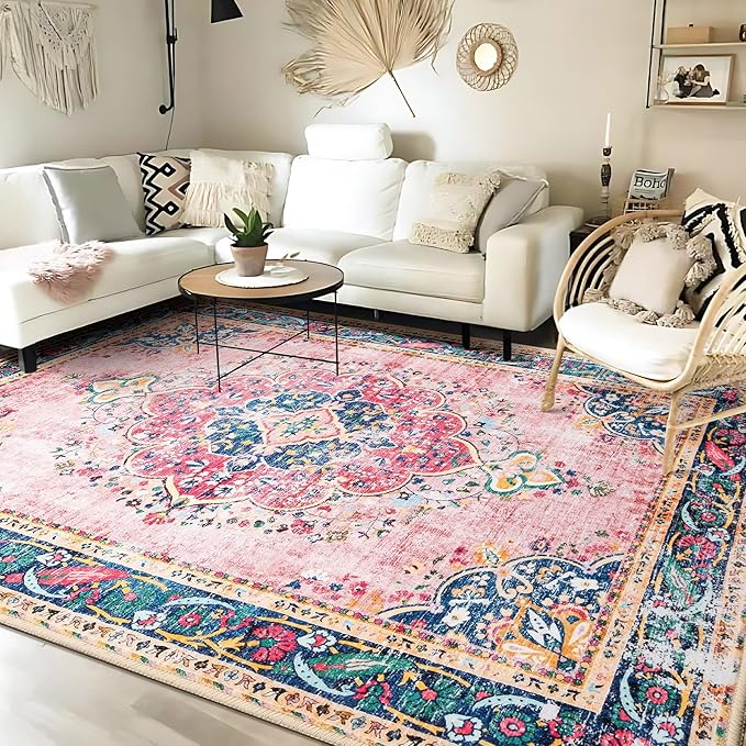 Area Rug 6x9 for Living Room Pink Boho Rug Vintage Rug Non-Slip Washable Low Pile Foldable Large Rugs for Bedroom Dining Room Indoor Floor Carpet