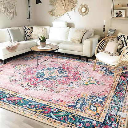 8x10 Area Rugs for Living Room Pink Boho Rug Vintage Rug Non-Slip Washable Low Pile Foldable Large Rugs for Bedroom Dining Room Indoor Floor Carpet