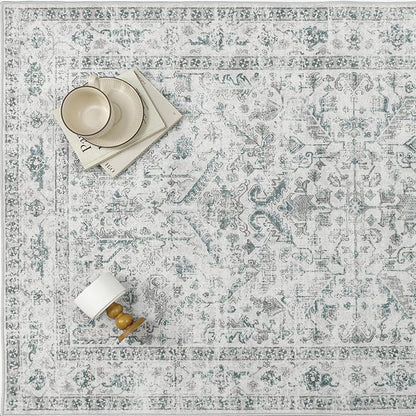 Blue 5x7 Area Rug Vintage Washable Living Room Carpet Non Slip Bedroom Indoor Office Low Pile Traditional Distressed Retro Accent Rug for Dining Room Bathroom Kitchen