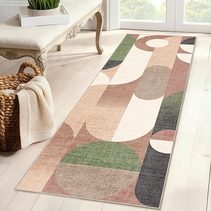 Modern Runner Rug 2x6 Washable Rug Runners for Hallway Kitchen,Long Rugs for Bedroom Entryway Bathroom,Non Slip Retro Rust Orange Geometric Floor Carpet