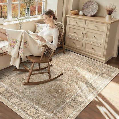 HelloTree Vintage Area Rug 4x6 Khaki Entryway Office Washable Carpet Non Slip Backing Printed Distressed Rugs for Bedroom Vintage Boho Tribal Area Rugs for Bathroom Bedroom Dining Living Room-Khaki