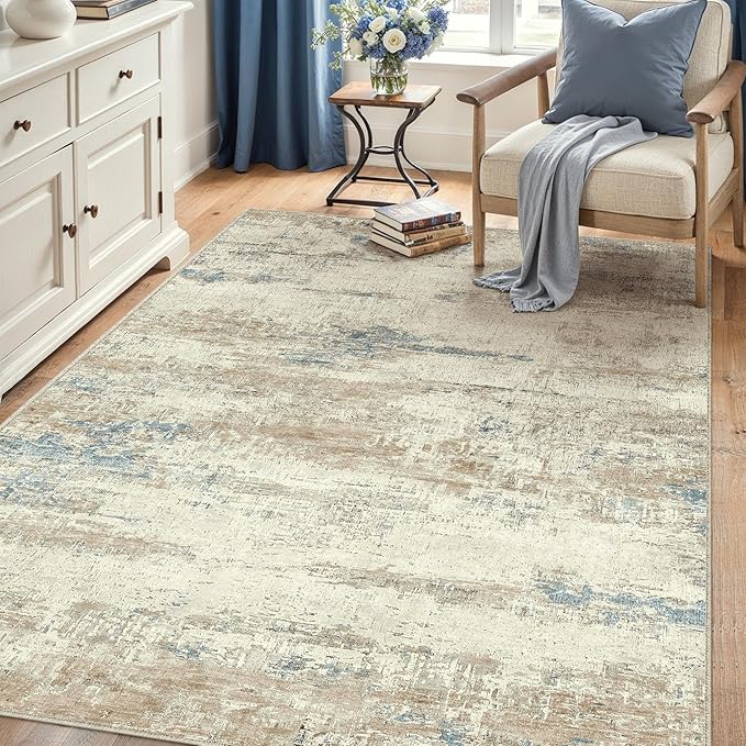 4x6 Area Rug Washable Beige Brown Abstract Office Carpet Modern Neutral Non Slip Soft Low Pile Indoor Entry Contemporary Aesthetic Door Mat Bedroom Throw Rug for Kitchen Laundry Dining Room