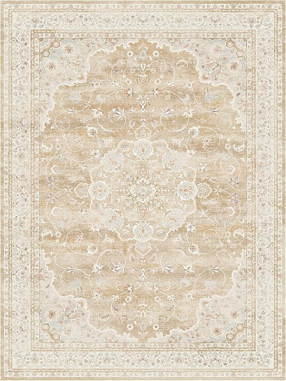 HUGEAR Machine Washable Area Rugs 8x10 Vintage Beige Brown Living Room Bedroom Rug Neutral Style Non Slip Stain Resistant Low Pile Throw Carpet for Home Retro Aesthetic Modern Decor