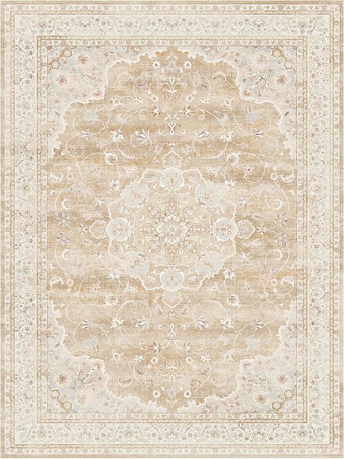 HUGEAR Machine Washable Area Rugs 9x12 Vintage Beige Brown Living Room Bedroom Rug Neutral Style Non Slip Stain Resistant Low Pile Throw Carpet for Home Retro Aesthetic Modern Decor