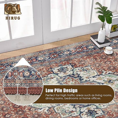 Washable Area Rug 9' x 12' Vintage Traditional Persian Mat - Foldable Distressed Non-Slip Machine Washable Carpet for Living Room Bedroom Kitchen Home Decor - Terracotta and Navy