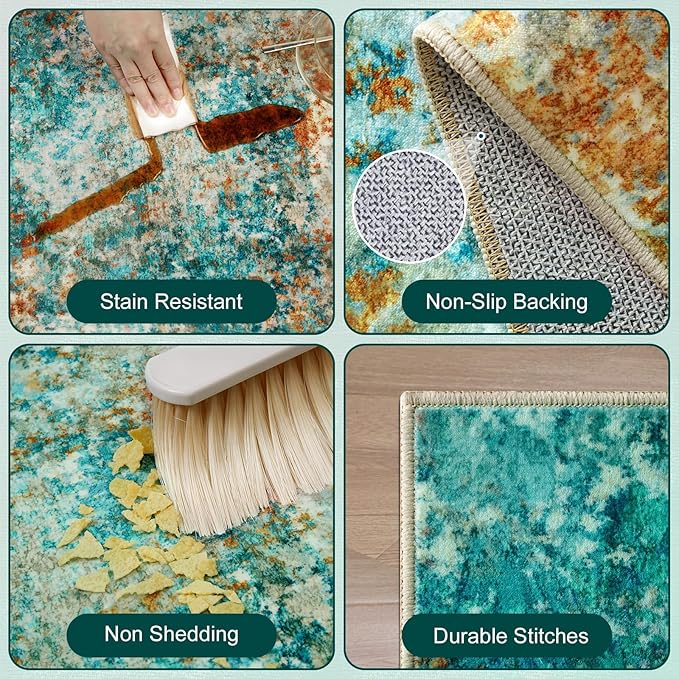 Washable Area Rugs for Living Room 9x12 - Large Neutral Modern Abstract Rug, Soft Low Pile Carpet with Non Slip Backing for Under Dining Room Table, Bedroom, Home, Office, Dorm - Teal Brick