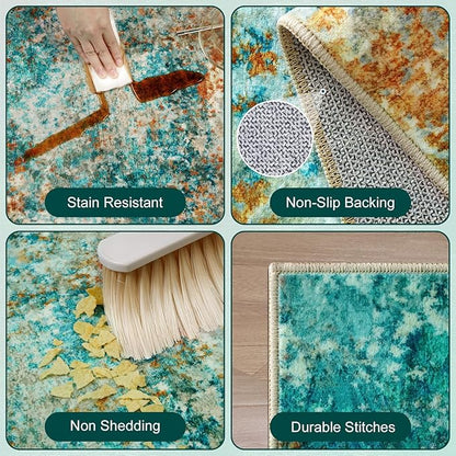 Washable Area Rug 5x7 - Neutral Modern Abstract Rugs, Soft Non Slip Thin Carpet with for Bedroom, Under Dining Room Table, Home, Office, Dorm, Office Rolling Chair - Teal Brick