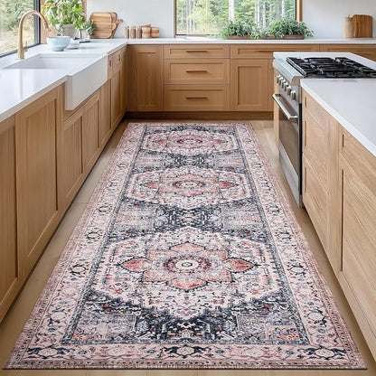 PURRUGS Vintage Farmhouse Boho Runner Rug 2'6" x 8', Non-Slip Machine Washable Rug, Accent Area Rug for Kitchen, Hallway, Entryway, Bedroom, Living Room and Dining Room, Coral Red/Marine Blue