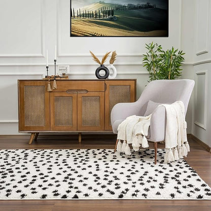 Hauteloom Tilos Dalmatian Hallway, Entryway Shag Runner Rug - Shaggy Runner Rug - Dot Pattern - High Plush Pile - Black, White - 2'7" x 7'3"