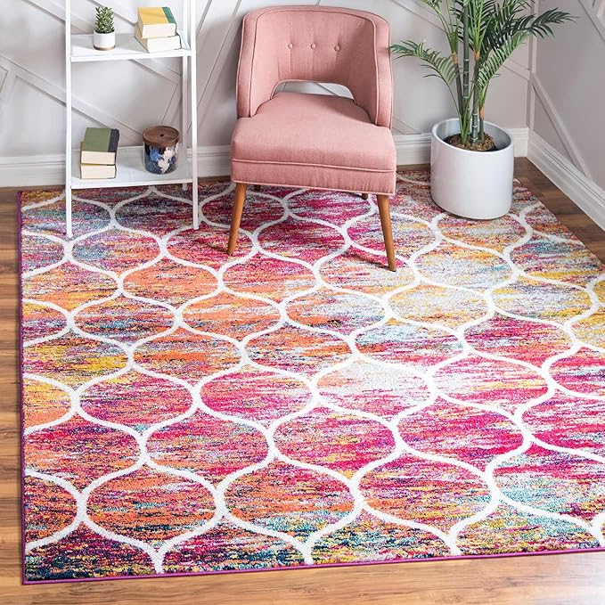 Rugs.com Lattice Frieze Collection Rug – 4' Square Multi Medium Rug Perfect for Living Rooms, Kitchens, Entryways