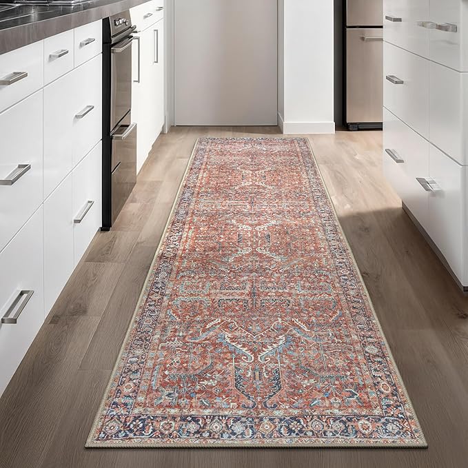 GLN Rugs Traditional Collection - Machine Washable Area Rug, Traditional Washable, Non Slip, Low Pile Chenille Rug, Living Room, Bedroom, Kitchen Rug (2'6" x 10' Terra/Multicolor 1168)