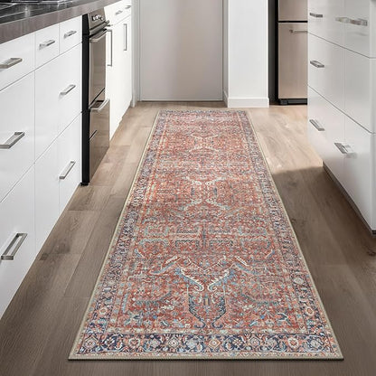 GLN Rugs Traditional Collection - Machine Washable Area Rug, Traditional Washable, Non Slip, Low Pile Chenille Rug, Living Room, Bedroom, Kitchen Rug (2'6" x 10' Terra/Multicolor 1168)