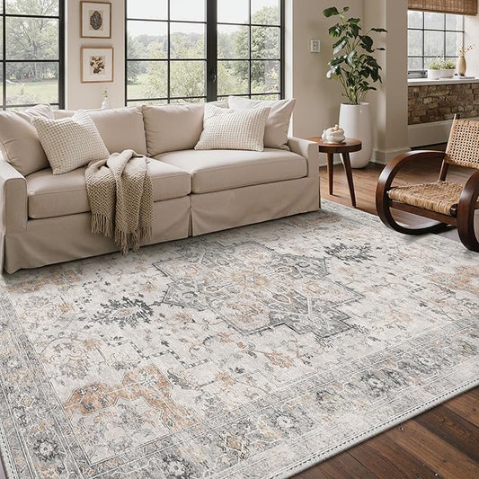 Bavni Washable Rug 4x6 Area Rug for Living Room Bedroom Dining, Washable Vintage Print Carpet, Ultra-Thin Low Pile Lightweight Rug with Non Slip Backing, Light Taupe Brown