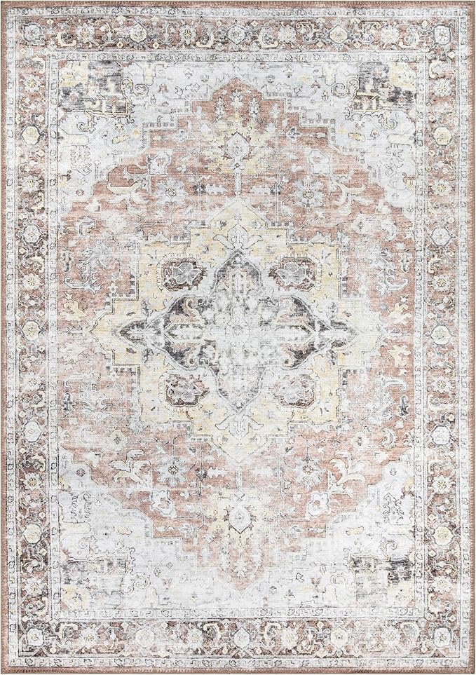 Bloom Rugs Washable Non-Slip 4' x 6' Rug - Blush/Beige Traditional Medallion Area Rug for Living Room, Bedroom, Dining Room, and Kitchen - Exact Size: 4' x 6'