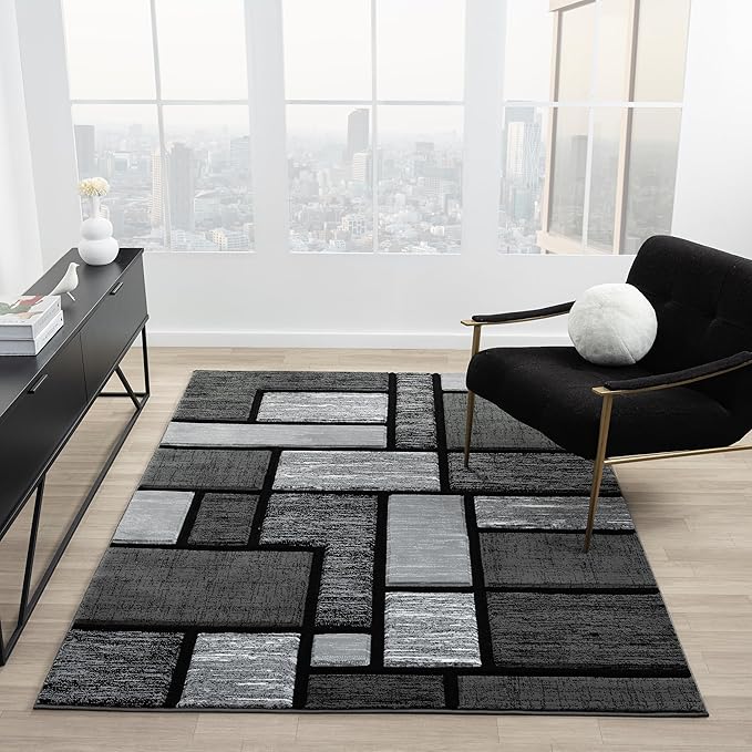 Area Rug Modern 2x7 Grey Black Squares Geometry Soft Hand Carved Contemporary Floor Carpet Fluffy Texture for Indoor Living Dining Room and Bedroom Area