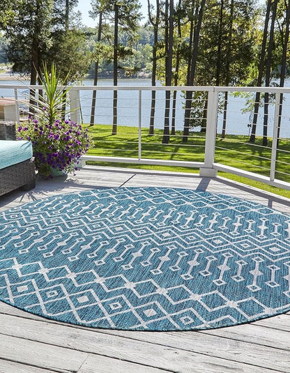 Unique Loom Outdoor Trellis Collection Area Rug - Tribal Trellis (5' 3" Round, Teal/ Ivory)