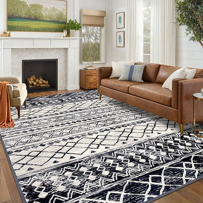 KUTA 6x9 Boho Area Rug for Living Room, Moroccan Washable Kitchen Rugs Non Slip, Black Navy Blue Ultra Soft Print Geometric Low-Pile Throw Carpet for Bedroom Nursery Dorm Decor