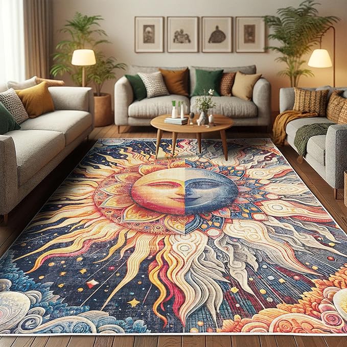 Ambesonne Sun and Moon Decorative Rug, Modern Esoteric Celestial Lunar Motif with Boho Paisley Details, Quality Carpet for Bedroom Dorm and Living Room, 2' 2" x 3' 7", Pale Orange Indigo Beige
