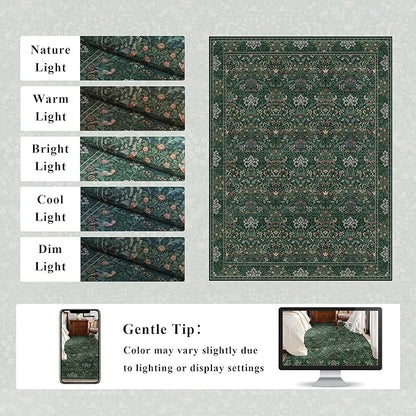 9x12 Floral Washable Area Rugs for Living Room, Vintage Boho Large Rug for Bedroom Dining Room， Distressed Botanical Birds Non Slip Low Pile Animal Throw Carpet for Farmhouse Office, Bright Green