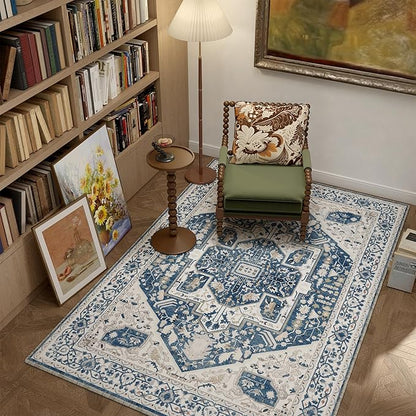 EnHomee 4x6 Area Rugs for Living Room, Boho Area Rug, Machine Soft Washable Rug for Bedroom, Living Room Rug, Non-Slip, Low-Pile, Dining Room Indoor Home Decor, Colorful Print, Blue and White